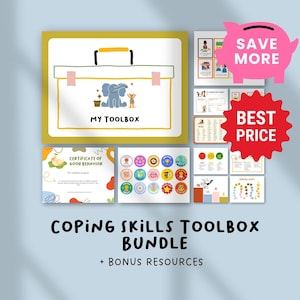 May include: A collection of printable resources for coping skills, including a toolbox graphic with the text "MY TOOLBOX", a certificate, and various visual aids. The image also includes a pink piggy bank and a red "BEST PRICE" badge.