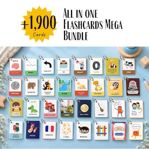 May include: A collection of educational flashcards organized into a mega bundle of over 1,900 cards. Each card features a unique illustration and corresponding text, such as brain, wave, turn left, cow, fire station, and France, all held together by metal rings.