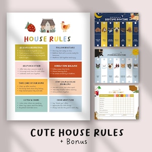 以下が含まれることがあります： 「HOUSE RULES」と「CUTE HOUSE RULES + Bonus」のテキストが入った、カラフルな印刷可能なチャートのセット。チャートには、ハウスルール、就寝時と朝のルーティン、家事チャートが含まれています。デザインは、イチゴ、家、鶏、さまざまな動物のイラストが特徴です。