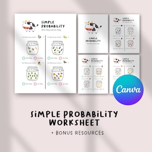 May include: A worksheet set for teaching simple probability. The pages feature a cartoon cow and jars filled with various objects. The text reads "Simple Probability Worksheet + Bonus Resources". The Canva logo is visible.
