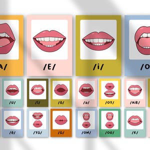K&ouml;nnte beinhalten: Eine Sammlung von Karten, die Mundformen f&uuml;r phonetische Laute veranschaulichen. Jede Karte zeigt eine Zeichnung von Lippen und Z&auml;hnen mit phonetischen Symbolen wie /A/, /E/ und /I/ darunter. Die Karten haben farbige Hintergr&uuml;nde.
