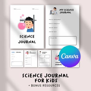May include: A science journal for kids with illustrations of experiments and the text "SCIENCE JOURNAL" and "MY SCIENCE JOURNAL". The journal includes prompts for learning and experimentation, with the Canva logo in the corner.