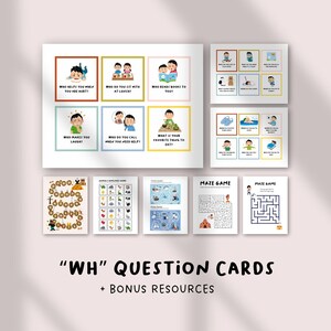 May include: A collection of educational WH question cards and bonus resources featuring colorful illustrations and text prompts. The set includes multiple sheets with grid-based question cards, animal-themed games, and maze activities for learning.