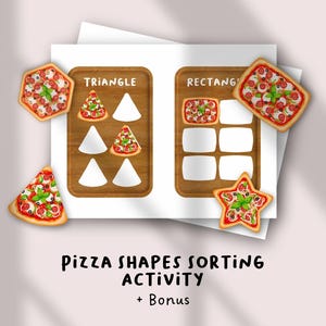 May include: A pizza shapes sorting activity with bonus content. The image shows wooden trays with triangle and rectangle shapes, along with pizza slices in various shapes. The text "Pizza Shapes Sorting Activity + Bonus" is at the bottom.