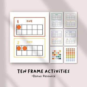 May include: Educational ten frame activities for early learning. The image shows several cards with numbers and corresponding orange dots in ten frames. The text "TEN FRAME ACTIVITIES + Bonus Resource" is at the bottom.