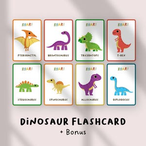 Dinosauriekort för barn | Förhistoriska lärokort | Utskrivbar PDF för småbarn och förskola