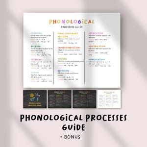 May include: A white Phonological Processes Guide with colorful text, including the title and definitions of various speech processes. The guide includes a bonus section and is designed to help with speech development.