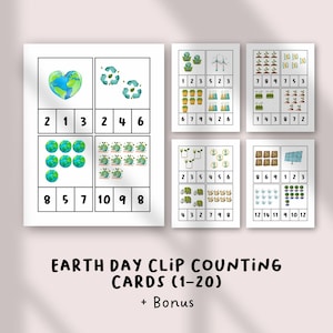 Puede incluir: Tarjetas educativas de conteo para el Día de la Tierra (1-20) con contenido extra. Las tarjetas presentan ilustraciones de la Tierra, símbolos de reciclaje y otras imágenes ecológicas. Los números del 1 al 12 se muestran en las tarjetas. El texto "Earth Day Clip Counting Cards (1-20) + Bonus" está en la parte inferior.