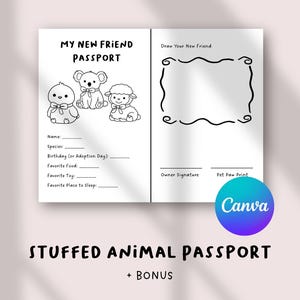 Stuffed Animal Passport | Adoption Certificate Printable | Plush Toy Travel Journal | Kids Pretend Play | Birthday Party Favor & Gift