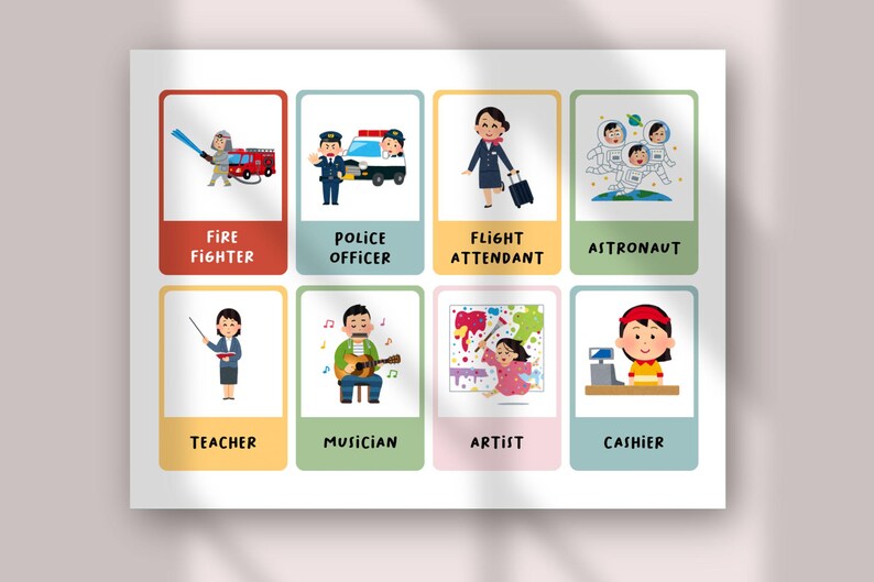 Op de afbeelding: Een rechthoekige educatieve poster met acht kleurrijke kaarten met illustraties van beroepen. Elke kaart toont een personage en de bijbehorende tekst: Fire Fighter, Police Officer, Flight Attendant, Astronaut, Teacher, Musician, Artist en Cashier.