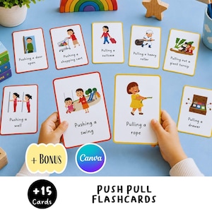 May include: A set of educational flashcards featuring colorful illustrations of various actions like pushing a door, pulling a suitcase, and pulling a rope. Each card includes a descriptive text label. The set includes fifteen cards total.