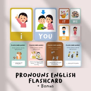 Puede incluir: Un conjunto de tarjetas didácticas coloridas para aprender los pronombres en inglés. Las tarjetas presentan ilustraciones de personas y objetos, con los pronombres "I", "You", "It", "We", "He" y "She". El conjunto incluye juegos de tarjetas didácticas adicionales.