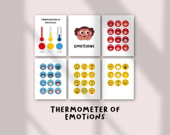 May include: A set of six printable posters for teaching children about emotions. The posters feature a thermometer with different levels of emotions, a girl with a confused expression, and a variety of faces representing different emotions. The text "Thermometer of Emotions" appears on the posters.
