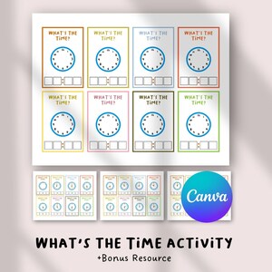 Könnte beinhalten: Lehrreiche, druckbare Aktivität mit Zifferblättern und Feldern zum Üben des Zeitablesens. Die Karten haben einen weißen Hintergrund mit farbigen Rändern und dem Text "WHAT'S THE TIME?". Das Bild enthält auch den Text "WHAT'S THE TIME ACTIVITY + Bonus Resource".