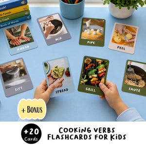 May include: A set of twenty educational cooking verb flashcards for children, featuring photographic images of culinary actions like knead, mix, pipe, peel, sift, spread, grill, and sauté, with clear text labels printed on each individual card.