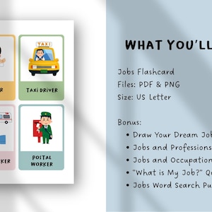 Op de afbeelding: Een set educatieve flashcards met cartoonillustraties van diverse beroepen zoals arts, taxichauffeur, ambulancepersoneel en postbode, voorzien van tekstlabels. Het document bevat een lijst met bonusactiviteiten zoals een quiz en woordzoeker.