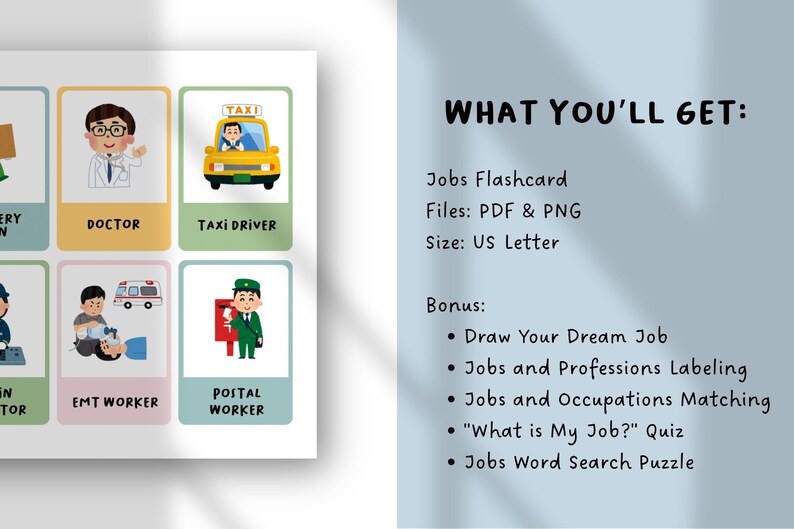 Op de afbeelding: Een set educatieve flashcards met cartoonillustraties van diverse beroepen zoals arts, taxichauffeur, ambulancepersoneel en postbode, voorzien van tekstlabels. Het document bevat een lijst met bonusactiviteiten zoals een quiz en woordzoeker.