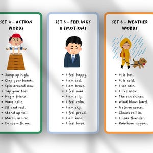 May include: Three illustrated flashcards with white backgrounds and colorful borders. The cards display action words, feelings and emotions, and weather words. Each card features a cartoon illustration and a list of related words or phrases.