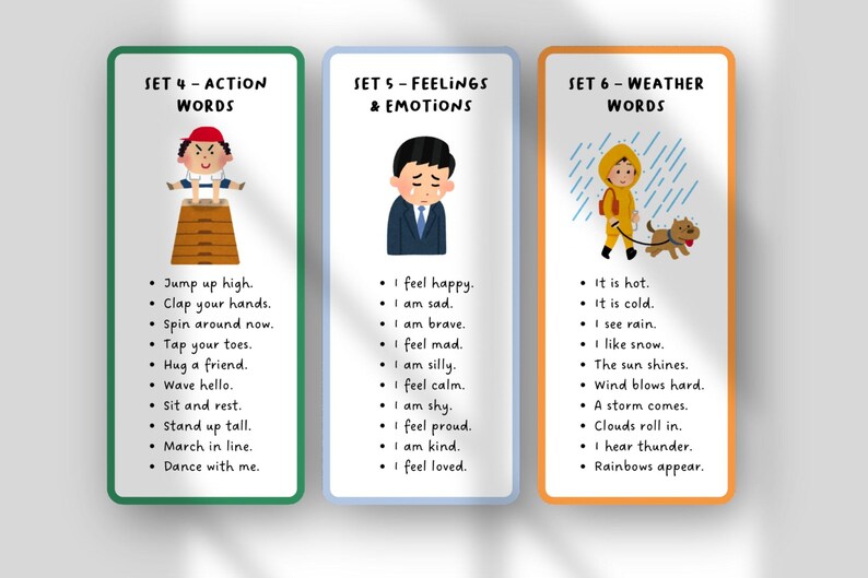 May include: Three illustrated flashcards with white backgrounds and colorful borders. The cards display action words, feelings and emotions, and weather words. Each card features a cartoon illustration and a list of related words or phrases.