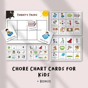 Puede incluir: Un conjunto de tarjetas de tabla de tareas para niños que incluye un tablero Today's Tasks con un gráfico de sol y varias hojas de cuadrícula con iconos ilustrados de actividades domésticas diarias, incluyendo limpieza y cuidado de mascotas.