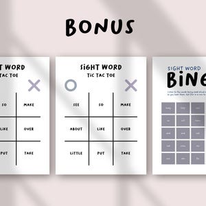 May include: Three educational printables for sight word practice. Includes two Tic Tac Toe games and a Bingo game. The word games are in black and white with the word "BONUS" at the top. The Bingo game has a cartoon eye design.