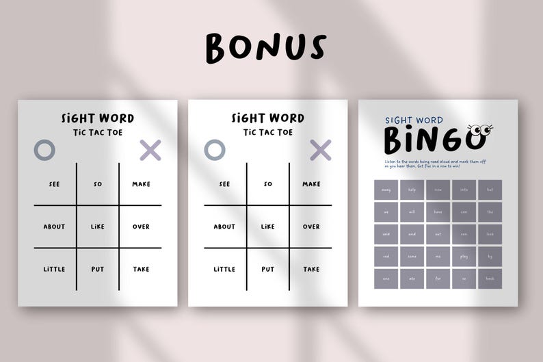 May include: Three educational printables for sight word practice. Includes two Tic Tac Toe games and a Bingo game. The word games are in black and white with the word "BONUS" at the top. The Bingo game has a cartoon eye design.