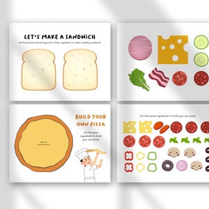 May include: A set of four illustrated cards with food-related themes. One card says "LET'S MAKE A SANDWICH" with bread slices. Another shows sandwich ingredients. The third says "BUILD YOUR OWN PIZZA" with a chef. The last shows pizza toppings.