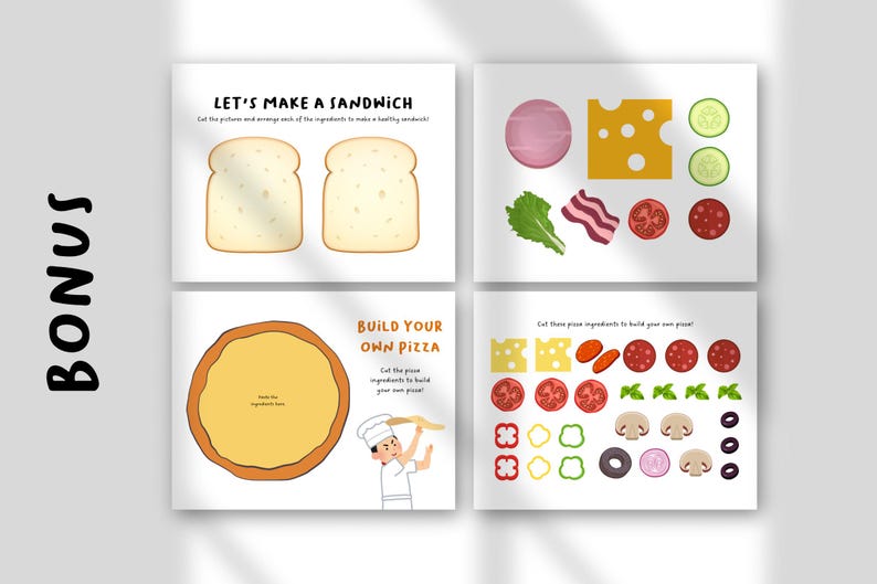 May include: A set of four illustrated cards with food-related themes. One card says "LET'S MAKE A SANDWICH" with bread slices. Another shows sandwich ingredients. The third says "BUILD YOUR OWN PIZZA" with a chef. The last shows pizza toppings.
