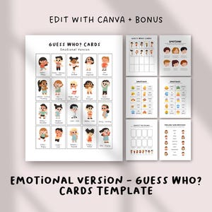 Plantilla de Canva para el juego "Adivina quién" / Juego SEL de sentimientos y emociones editable / Actividad de aprendizaje socioemocional imprimible para niños