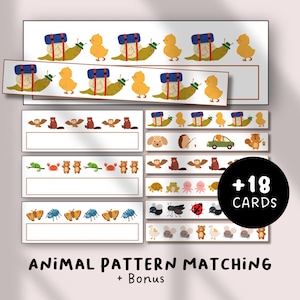May include: Animal pattern matching cards featuring various animals and objects. The cards display illustrations of snails with backpacks, ducks, beavers, crabs, and more. The text "+18 CARDS" is visible on a black circle, and the text "ANIMAL PATTERN MATCHING + Bonus" is at the bottom.
