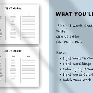 May include: Two white worksheets with the title "SIGHT WORDS" and sections for reading, tracing, and writing sight words. The worksheets include words like "COME," "UP," and "CAN." The image also includes text that says "WHAT YOU'LL GET:" and lists bonus activities.