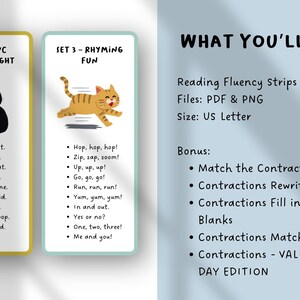 May include: Educational reading fluency strips with CVC words and rhyming fun. Includes a black cat and an orange cat illustration. The text includes "What You'll Get" and "Bonus" sections, with a US Letter size.