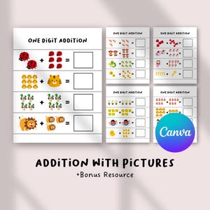 May include: Educational worksheets for one-digit addition with pictures. The worksheets feature colorful illustrations of ladybugs, tigers, ducks, and lions. The text "ONE DIGIT ADDITION" and "ADDITION WITH PICTURES" are visible.