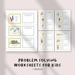 Könnte beinhalten: Arbeitsblätter zur Problemlösung für Kinder. Das Bild zeigt eine Reihe farbenfroher Arbeitsblätter mit Illustrationen und Textaufforderungen. Die Arbeitsblätter sollen Kindern helfen, Fähigkeiten zur Problemlösung zu entwickeln. Der Text auf dem Bild lautet "Problem Solving Worksheets for Kids + Bonus".