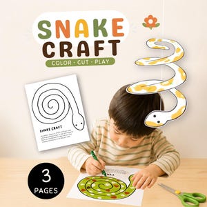 Könnte beinhalten: Ein Schlangen-Bastelset bestehend aus drei Seiten mit schwarz-weißen, spiralförmigen Schlangenumrissen zum Ausmalen, Ausschneiden und Spielen. Enthält Anleitungen, ein fertiges gelb-weißes Schlangenbeispiel sowie Symbole für die Arbeitsschritte.