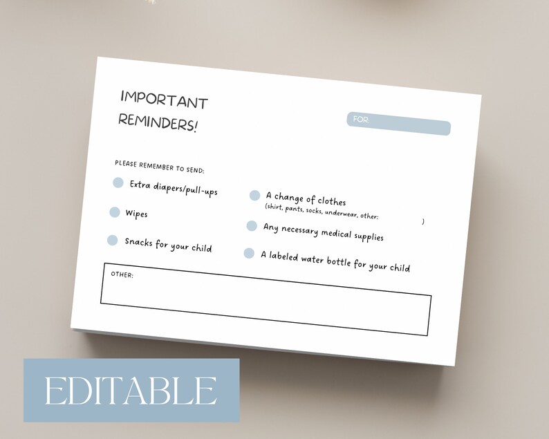 EDITABLE Daycare Reminder Printable Stay Prepared for Daycare With This ...