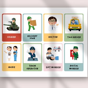 Op de afbeelding: Een witte educatieve poster met acht rechthoekige kaarten met illustraties van beroepen. Elke kaart toont een personage en een label: SOLDIER, DELIVERY MAN, DOCTOR, TAXI DRIVER, NURSE, TRAIN OPERATOR, EMT WORKER en POSTAL WORKER.