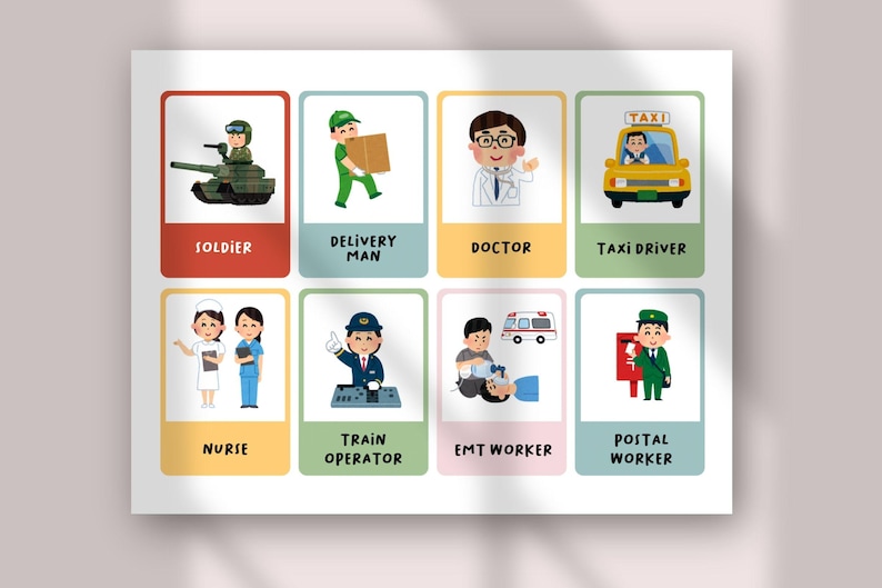 Op de afbeelding: Een witte educatieve poster met acht rechthoekige kaarten met illustraties van beroepen. Elke kaart toont een personage en een label: SOLDIER, DELIVERY MAN, DOCTOR, TAXI DRIVER, NURSE, TRAIN OPERATOR, EMT WORKER en POSTAL WORKER.
