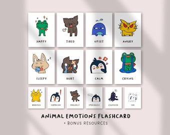 May include: A set of white flashcards featuring colorful cartoon animal illustrations representing various emotions, labeled with text such as Happy, Tired, Upset, Angry, Sleepy, Hurt, Calm, Crying, Nervous, Surprised, Friendly, Speechless, Confused, and Sad.