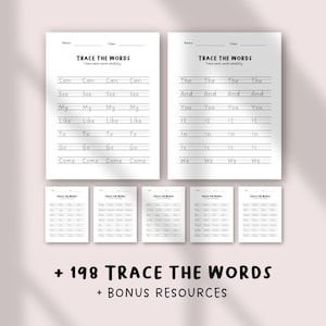 Op de afbeelding: Twee witte werkbladen met de tekst "TRACE THE WORDS" en traceeroefeningen. Hieronder zes kleinere werkbladen. De afbeelding bevat de tekst "+ 198 TRACE THE WORDS + BONUS RESOURCES".