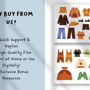 May include: Digital illustrations of children's clothing, including skirts, jackets, pants, and dresses in various colors. The image also includes the text "WHY BUY FROM US?" and lists benefits like quick support and high-quality files.