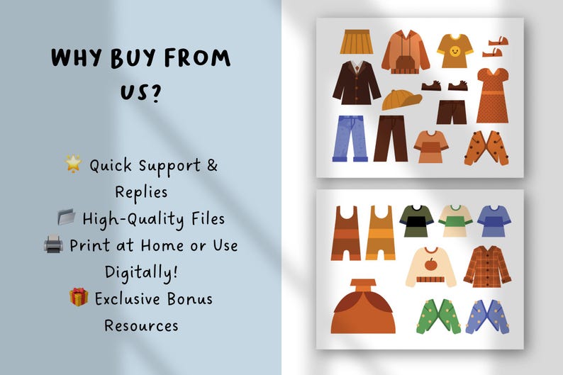 May include: Digital illustrations of children's clothing, including skirts, jackets, pants, and dresses in various colors. The image also includes the text "WHY BUY FROM US?" and lists benefits like quick support and high-quality files.