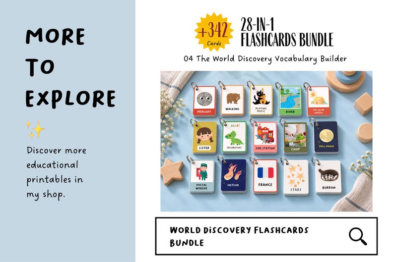May include: A 28-in-1 flashcards bundle titled 04 The World Discovery Vocabulary Builder, featuring 342 cards with illustrations of items like Mercury, a bear, a fire station, and the French flag, all organized on metal rings.