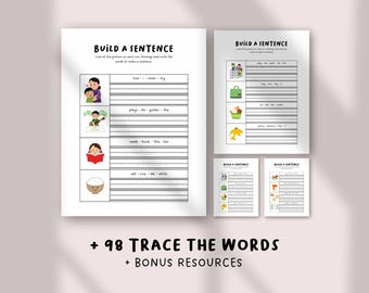 Build a Sentence Worksheets – Printable Writing Practice for Kindergarten, 1st and 2nd Grade, English ELA Activities, Sentence Building