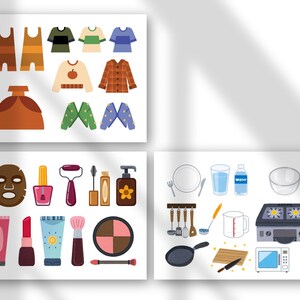 May include: An illustration featuring various clothing items, including tops, sweaters, and a dress. Also shown are beauty products like a face mask, nail polish, and makeup. Kitchen items such as a stove, pan, and utensils are also depicted.