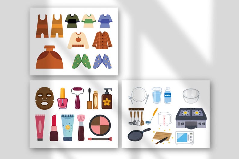 May include: An illustration featuring various clothing items, including tops, sweaters, and a dress. Also shown are beauty products like a face mask, nail polish, and makeup. Kitchen items such as a stove, pan, and utensils are also depicted.