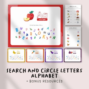 May include: Educational alphabet learning resources. The image shows a red-framed poster with an apple graphic and the text "A for Apple." Below are colorful letter sets and additional learning materials. The text "Search and Circle Letters Alphabet + Bonus Resources" is at the bottom.