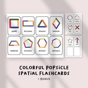 May include: A set of educational flashcards featuring geometric shapes constructed from colorful popsicle sticks. The cards display labels including square, rectangle, triangle, diamond, trapezoid, pentagon, hexagon, heptagon, octagon, heart, cross, star, and arrow.