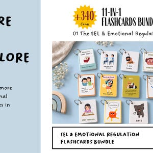 May include: A 340-card 11-in-1 flashcards bundle titled 01 The SEL & Emotional Regulation. The set includes small rectangular cards on metal rings featuring colorful illustrations of characters and text like I feel worried, I am brave, and tired.