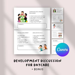 May include: A white development discussion form for daycare featuring sections for communication, language, physical development, and gross motor skills. The document includes checkboxes, comment boxes, and cartoon illustrations of children.